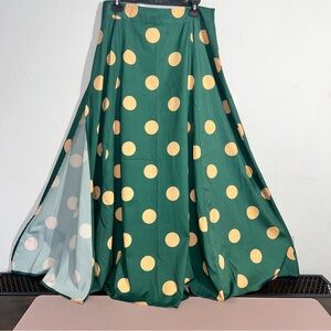 Vintage 50s 60's Green Long Skirt XL Yellow‎ Polka Dot MidCen Side Slit *As Is*